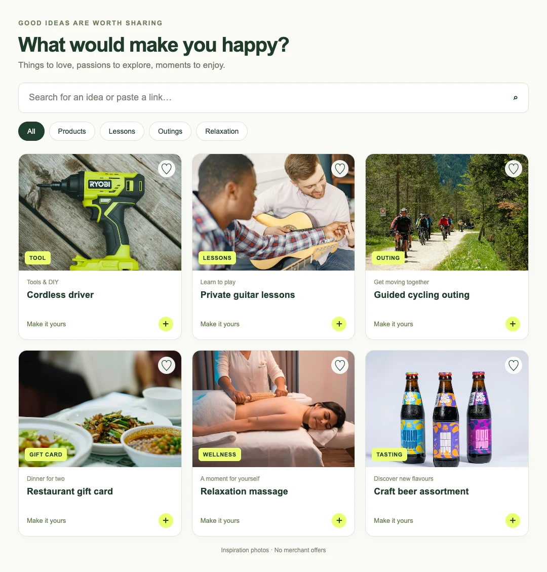 Gift inspiration photos: cordless driver, private guitar lessons, guided cycling outing, restaurant gift card, relaxation massage and craft beer assortment