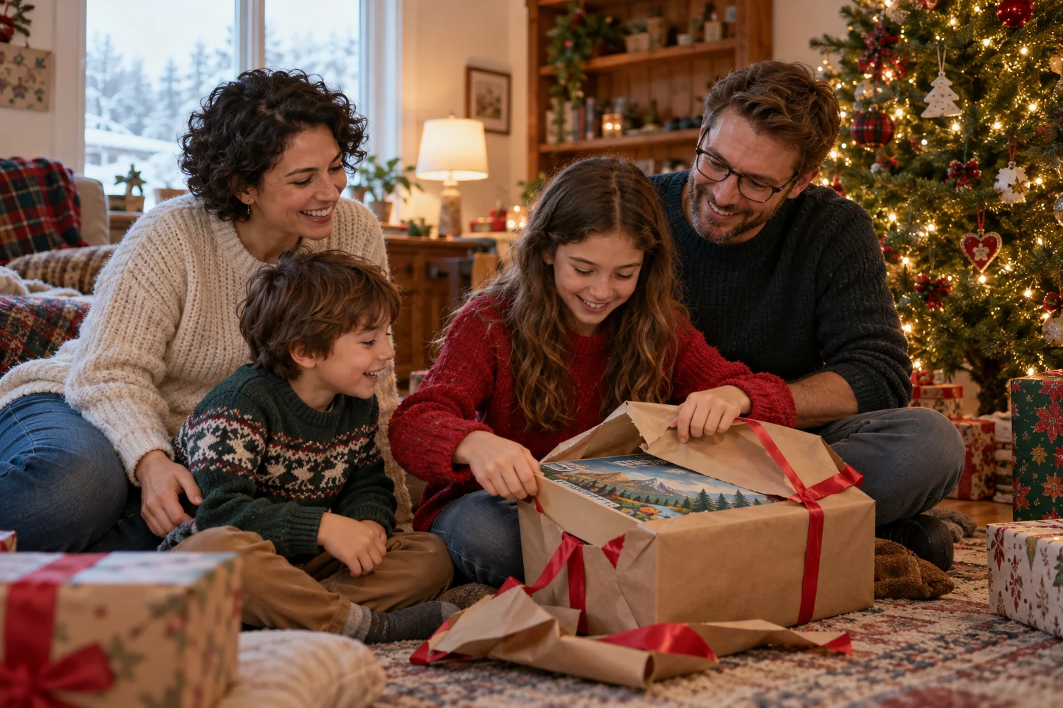 Ouders en hun twee kinderen openen samen een cadeau naast de kerstboom