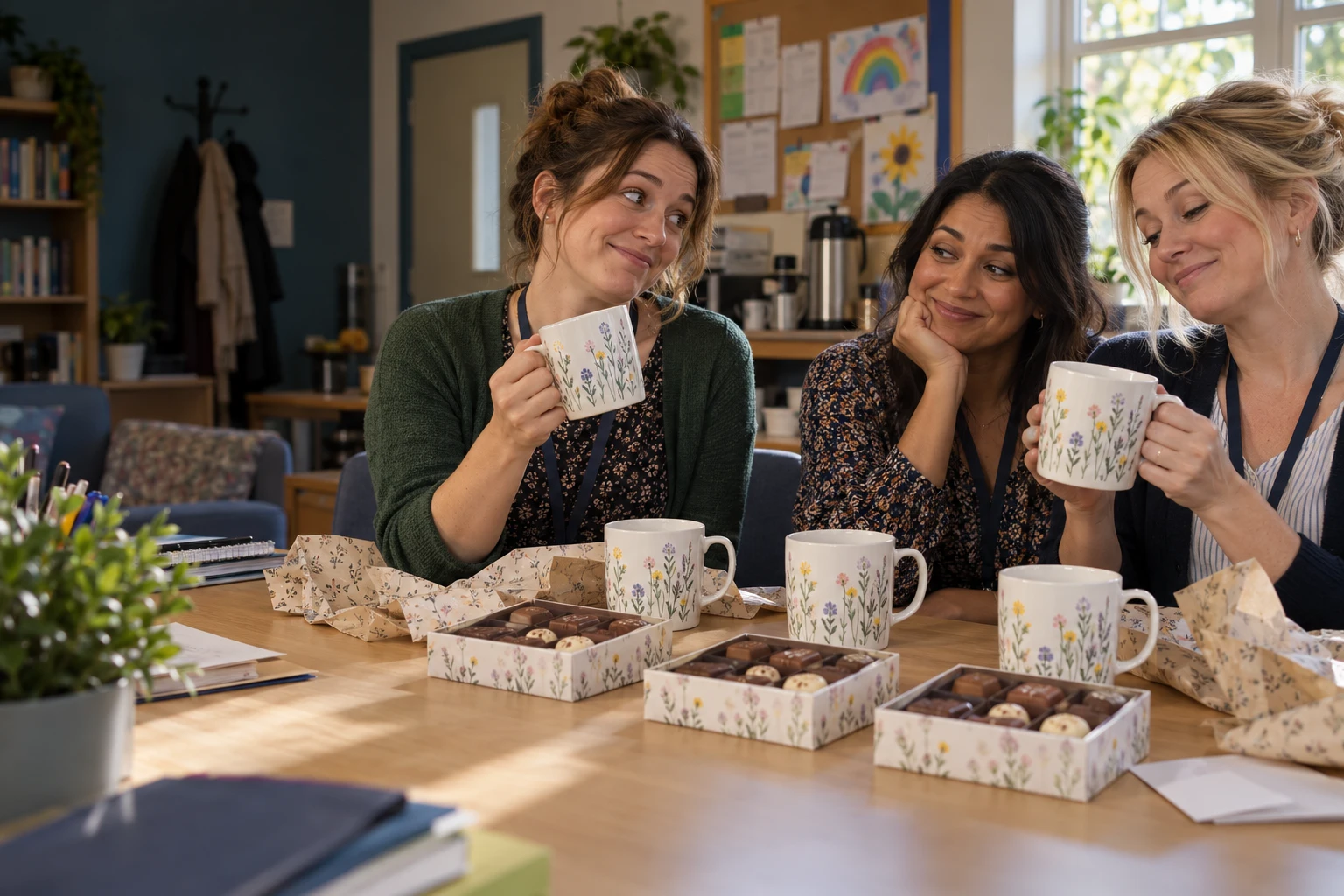 Geamuseerde leerkrachten vergelijken dubbele mokken en chocoladedozen
