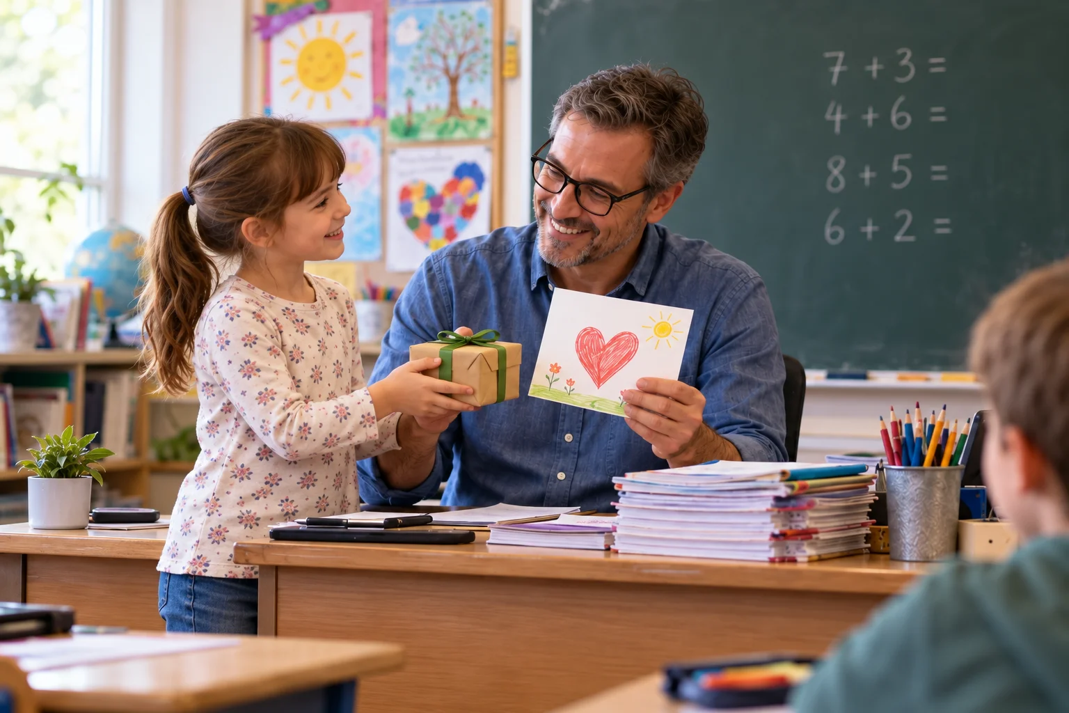 Een leerling geeft haar meester een cadeautje en een zelfgemaakte kaart in de klas